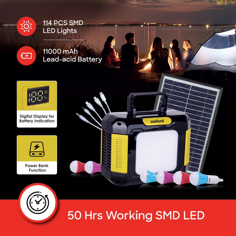 Sanford 11000mAh Rechargeable Solar Power Station with 6 LED Bulbs and USB Charging Port | SF4996PS - buysanford